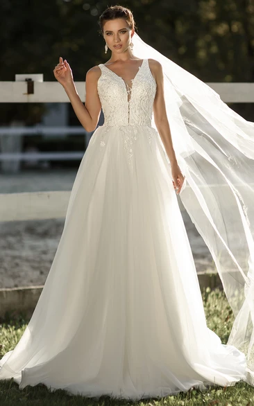 Sexy A Line Tulle Plunging Neckline Brush Train Floor-Length Sleeveless Wedding Dress With Appliques