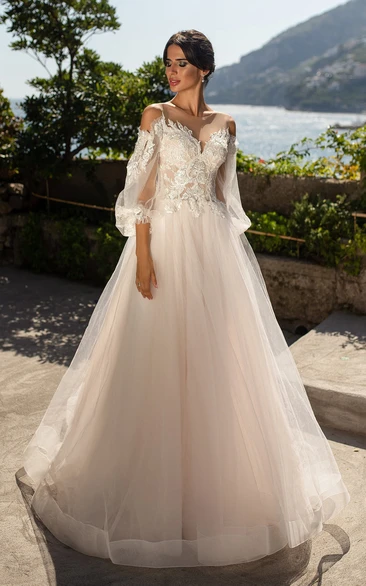 Romantic A Line Tulle Sweetheart Wedding Dress With Poet 3/4 Length Sleeve And Illusion Back