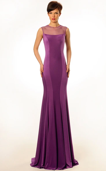 Pencil Jewel Pleated Maxi Sleeveless Jersey Prom Dress With Illusion Back And Sweep Train