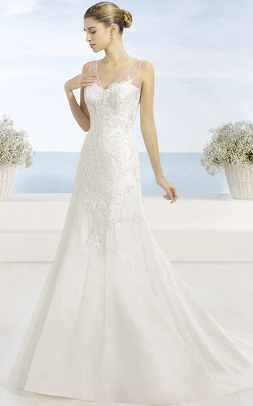 A-Line Beaded V-Neck Floor-Length Sleeveless Satin Wedding Dress With Pleats And Illusion Back