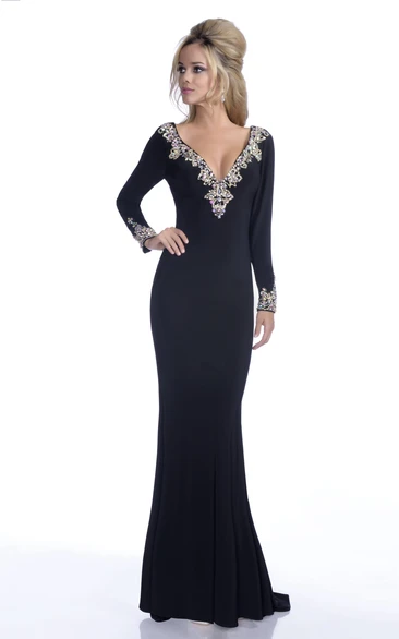 Long Sleeve V-Neck Mermaid Jersey Prom Dress With Low-V Back And Rhinestones Trim