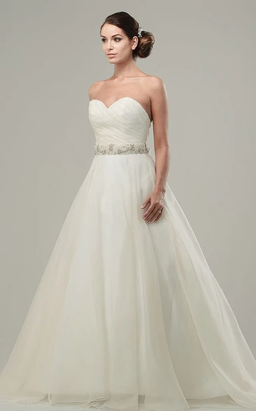 A-Line Jeweled Maxi Sweetheart Tulle&Satin Wedding Dress With Criss Cross And Bow