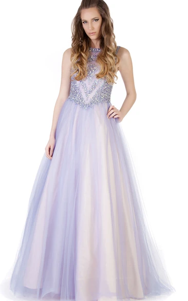 A-Line Floor-Length Sleeveless Beaded Jewel-Neck Tulle&Satin Prom Dress