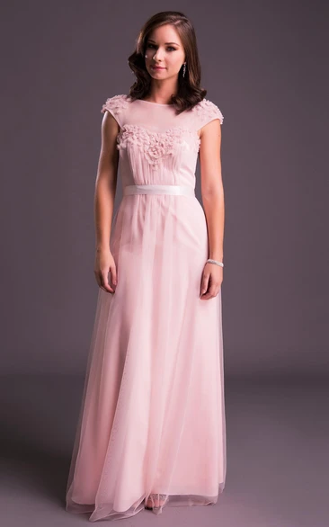 Long Ruched Jewel-Neck Cap-Sleeve Tulle Prom Dress With Flower