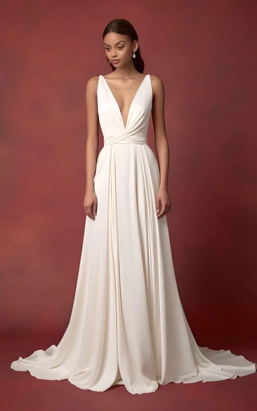 A-Line Satin Wedding Dress Plunging Neckline V-neck Sleeveless Simple Modern