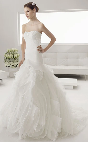Lace Neck Mermaid Bridal Gown With Ruched Bodice And Organza Floral Skirt