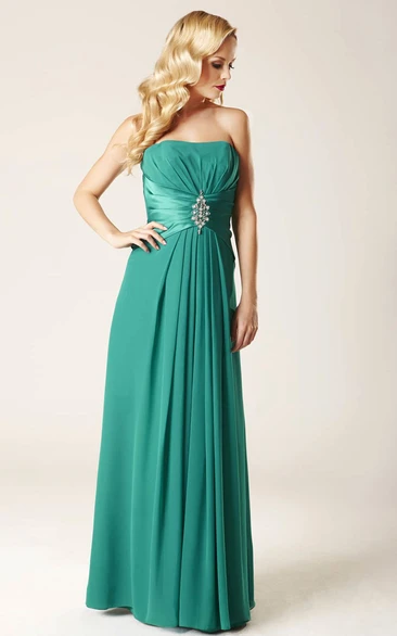 Long Strapless Ruched Chiffon Bridesmaid Dress With Waist Jewellery And Corset Back