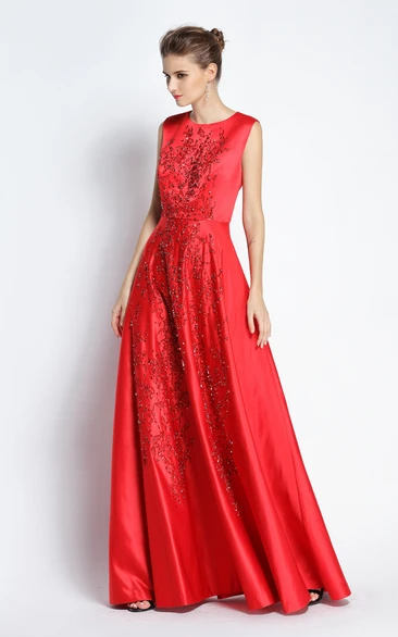 Floor-length Sleeveless A-Line Jewel Satin Prom Dress with Beading
