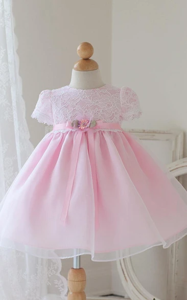 Tea-Length Bowed Floral Lace&Organza Flower Girl Dress With Ribbon