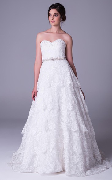 A-Line Sweetheart Tiered Long Lace Wedding Dress With Waist Jewellery And Bow