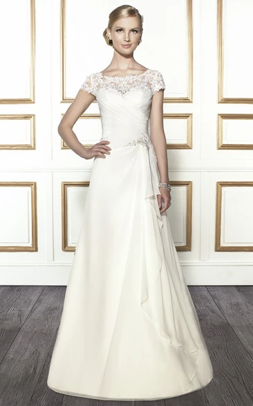 A-Line Scoop-Neck Floor-Length Draped Cap-Sleeve Chiffon Wedding Dress With Criss Cross And Appliques