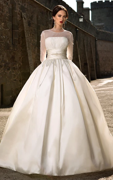 Ball Gown Long Jewel-Neck Illusion-Sleeve Illusion Satin Dress With Ruching And Beading