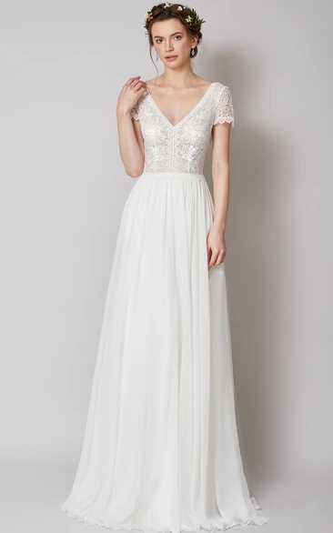 Illusion Sleeve A Line Chiffon Lace Bridal Gown with Ruching