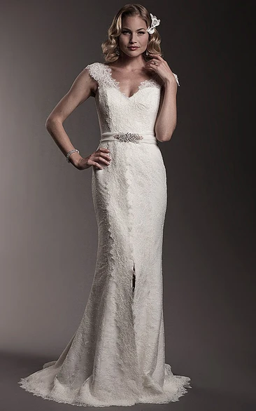 Sheath Appliqued V-Neck Maxi Cap-Sleeve Lace Wedding Dress With Waist Jewellery And V Back
