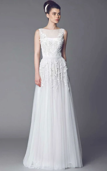 A-Line Long Sleeveless Appliqued Bateau Tulle Wedding Dress With Illusion Back And Pleats