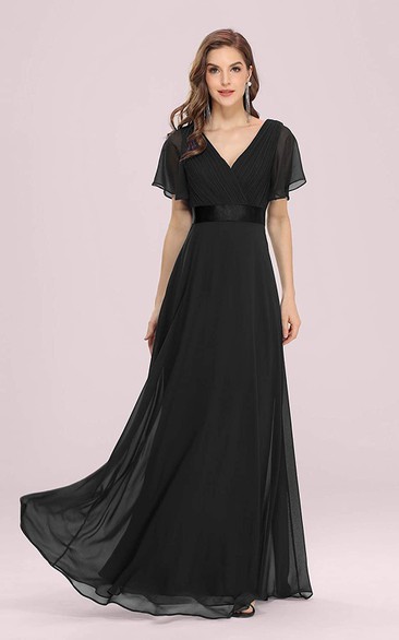 Romantic A Line Chiffon V-neck Short Sleeve Prom Evening Dress With Ruffles