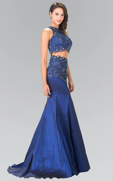 Two-Piece Mermaid High Neck Sleeveless Satin Illusion Dress With Appliques And Beading