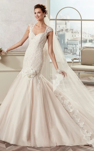 Square-Neck Cap Sleeve Mermaid Bridal Gown With Floral Decorations And Keyhole Back