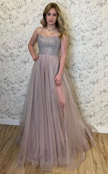 Ethereal A Line Sleeveless Floor-length Tulle Prom Dress with Split Front