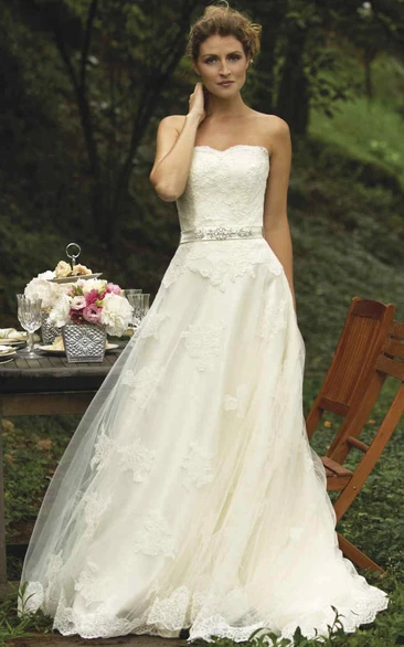 A-Line Jeweled Strapless Floor-Length Lace Wedding Dress With Appliques