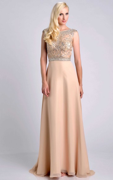 Jeweled Bodice Cap Sleeve Chiffon A-Line Prom Dress With Bateau Neck