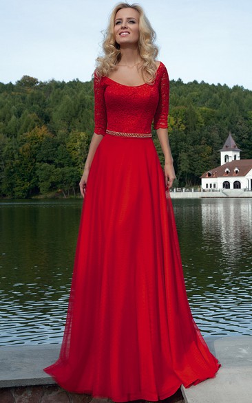 A-Line Scoop Half-Sleeve Floor-Length Lace&Chiffon Prom Dress