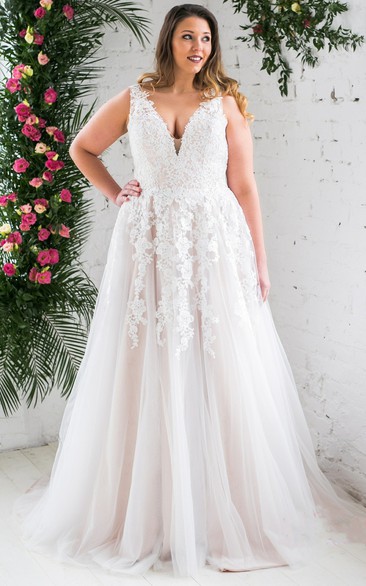 Simple A Line Plunging Neckline Tulle Sweep Train Wedding Dress with Appliques