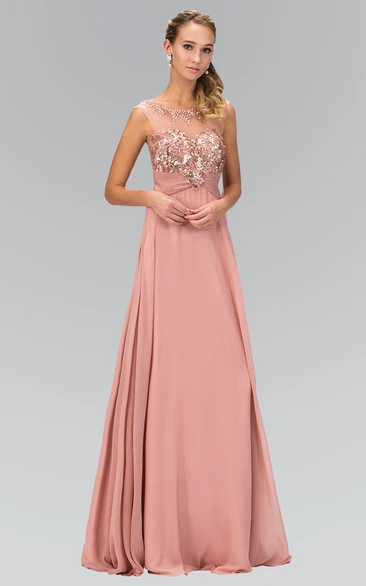 A-Line Long Scoop-Neck Cap-Sleeve Jersey Dress With Sequins And Beading