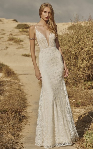 Sleeveless Mermaid Plunging Neckline Lace Wedding Dress with Appliques