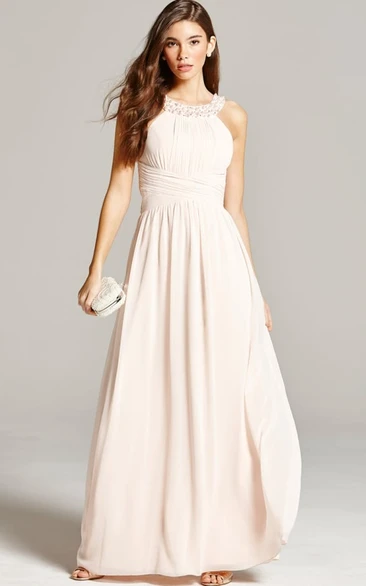 Sleeveless Ruched Scoop Neck Chiffon Bridesmaid Dress With Straps