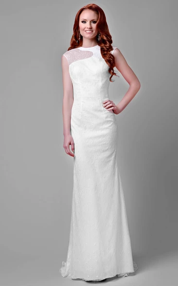 Lace Sheath Cap Sleeve Jewel Neck Wedding Dress With Illusion Style