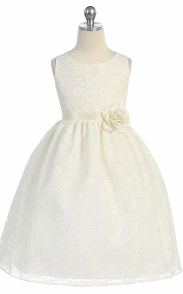 Floral Tea-Length Tiered Lace Flower Girl Dress
