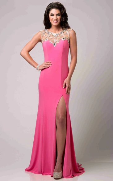 Cap Sleeve Satin Chiffon Prom Dress Featuring Crystal Detailed Top