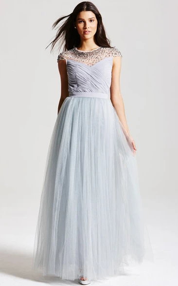 Criss-Cross Scoop Neck Cap Sleeve Tulle Bridesmaid Dress With Bow And Keyhole