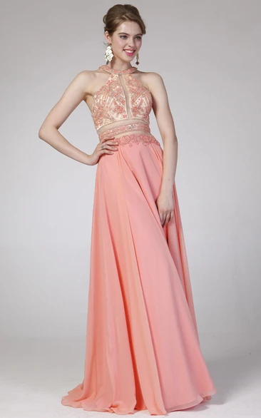 A-Line High Neck Sleeveless Chiffon Straps Dress With Beading And Pleats