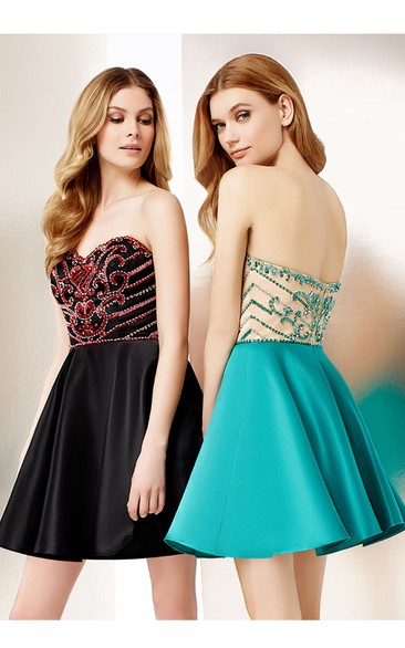 A-Line Mini Sleeveless Sweetheart Beaded Satin Cocktail Dress With Low-V Back