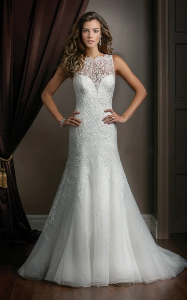 Sleeveless High-Neck Mermaid Wedding Dress With Appliques And V-Back