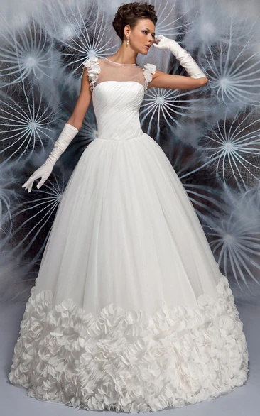 High Neck Maxi Bowed Ruched Tulle Wedding Dress With Flower And Corset Back