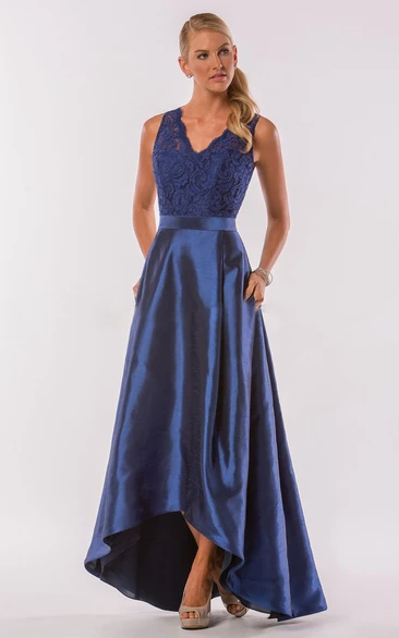 Sleeveless V-Neck A-Line High-Low Bridesmaid Dress With Pockets And Lace Bodice