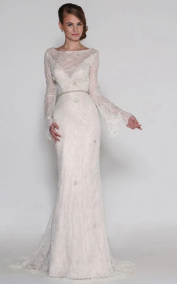 Bateau Long Jeweled Bell-Sleeve Lace Wedding Dress With Sweep Train And Backless