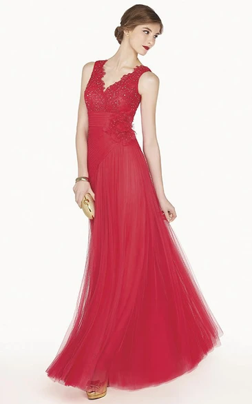 Scalloped V Neck A-Line Tulle Long Prom Dress With Empire Floral Waist