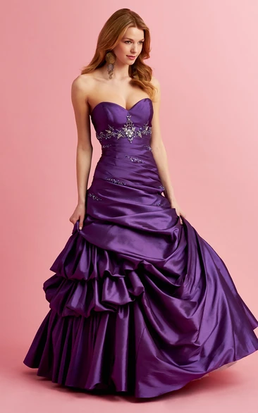 A-Line Long Sweetheart Sleeveless Satin Dress With Pick Up And Beading