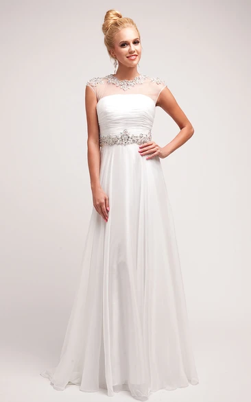 A-Line Jewel-Neck Cap-Sleeve Dress With Ruching And Waist Jewellery