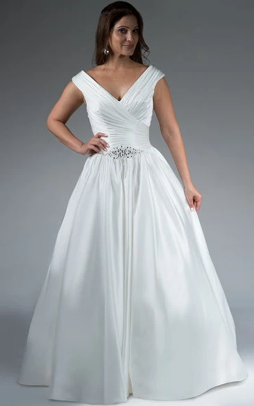 V Neck Cap Sleeve Taffeta Bridal Ball Gown With Crystal Waist