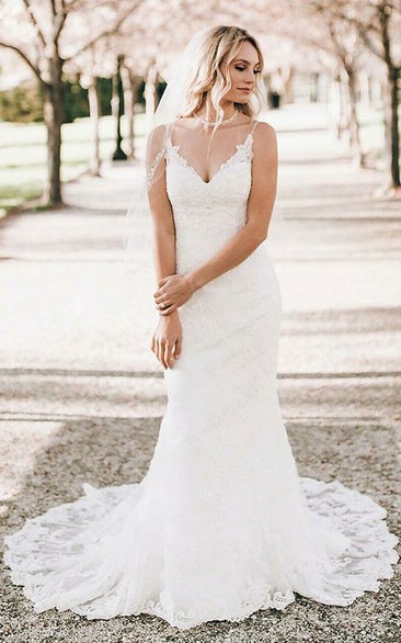 Elegant V-neck Lace Sleeveless Floor-length Mermaid Brush Train Sheath Wedding Dress