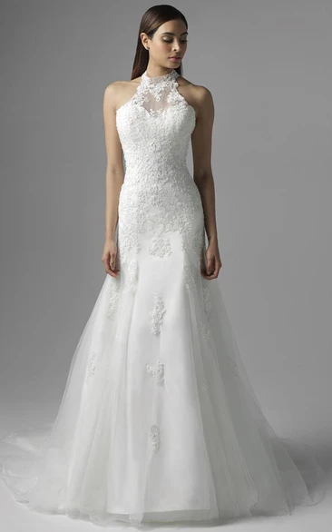 A-Line High Neck Floor-Length Sleeveless Appliqued Lace Wedding Dress With Court Train And Illusion Back