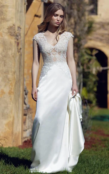 Sheath V-Neck Long Cap-Sleeve Chiffon Wedding Dress With Appliques And V Back