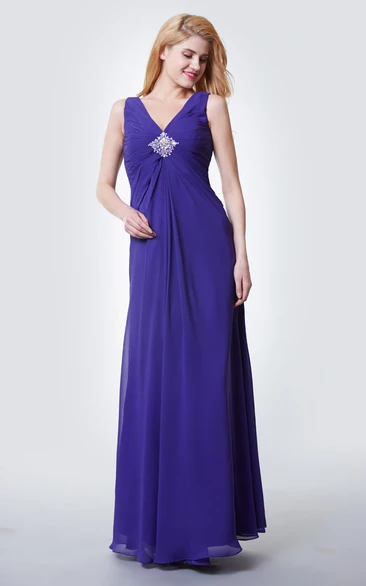 Wonderful V Neck Ruched Empire Waist Long Chiffon Dress With Beaded Brooch