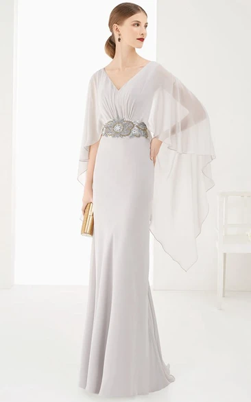 V-Neck Sheath Long Prom Dress With High Low Batwing Sleeves And Beaded Waist