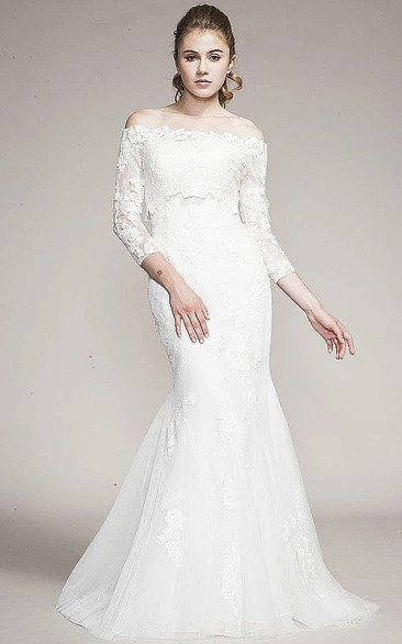 Mermaid Long-Sleeve Off-The-Shoulder Tulle&Lace Wedding Dress With Court Train